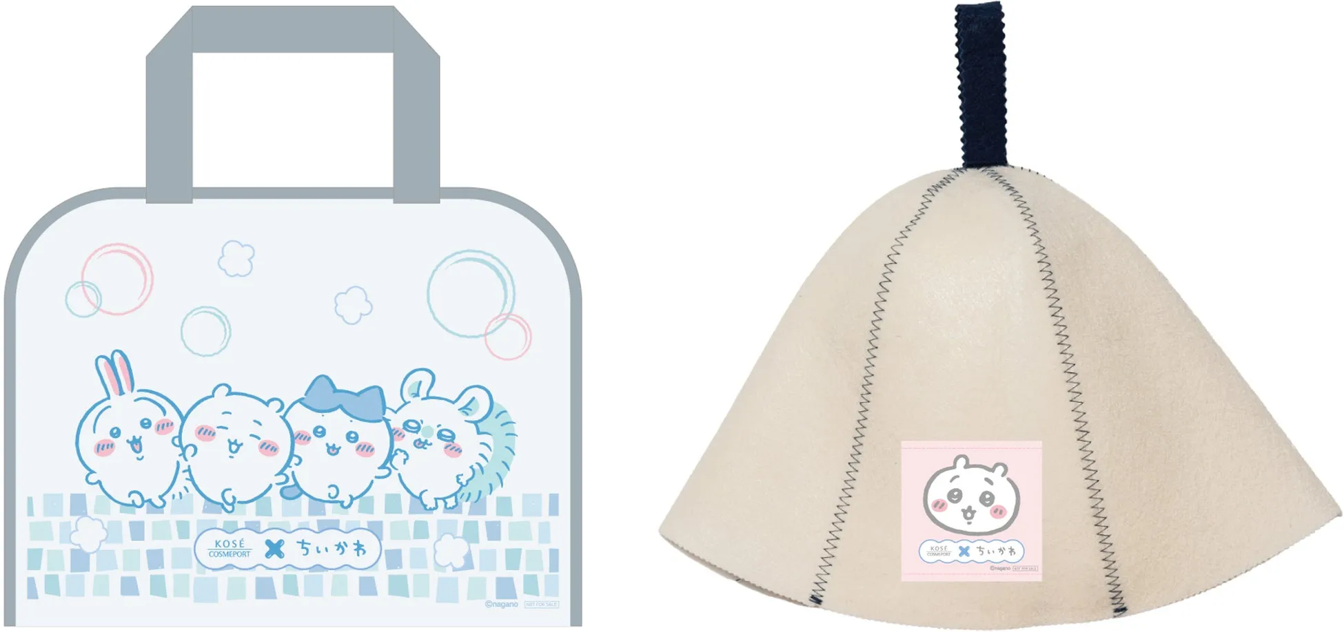 2つのアイテム、トートバッグとサウナハットが写っています。トートバッグには、ちいかわのキャラクターが描かれており、ブランド名とロゴが配置されています。サウナハットにも同様のキャラクターとロゴが印刷されています。