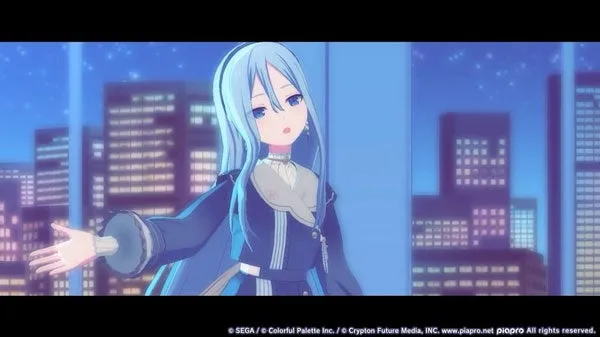 夜の街を背景に、窓際に佇む青髪の女性キャラクターが描かれたアニメ画像。