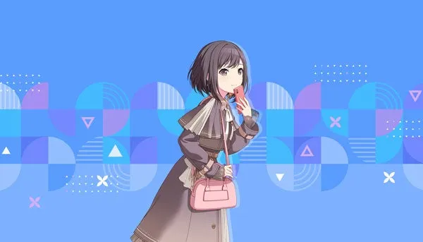 青色の背景に、ピンクの携帯電話を持っている、紫色の髪の女の子のアニメイラスト。