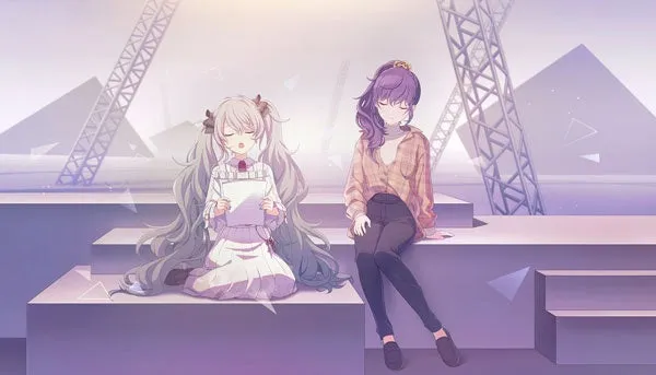 ステージのような場所で、2人の女性キャラクターが座っているイラスト。一人は白髪で、白いドレスを着ており、紙を持っています。もう一人は紫色の髪で、カジュアルな服装をしています。背景には構造物と幾何学的な形状が描かれています。