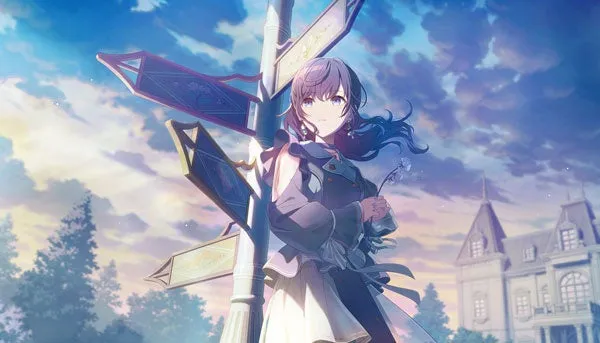 美しい背景に立つアニメの女の子のイラスト。彼女は、白いドレスとダークコートを着ていて、花を持っています。彼女は、標識のポストの近くに立っています。