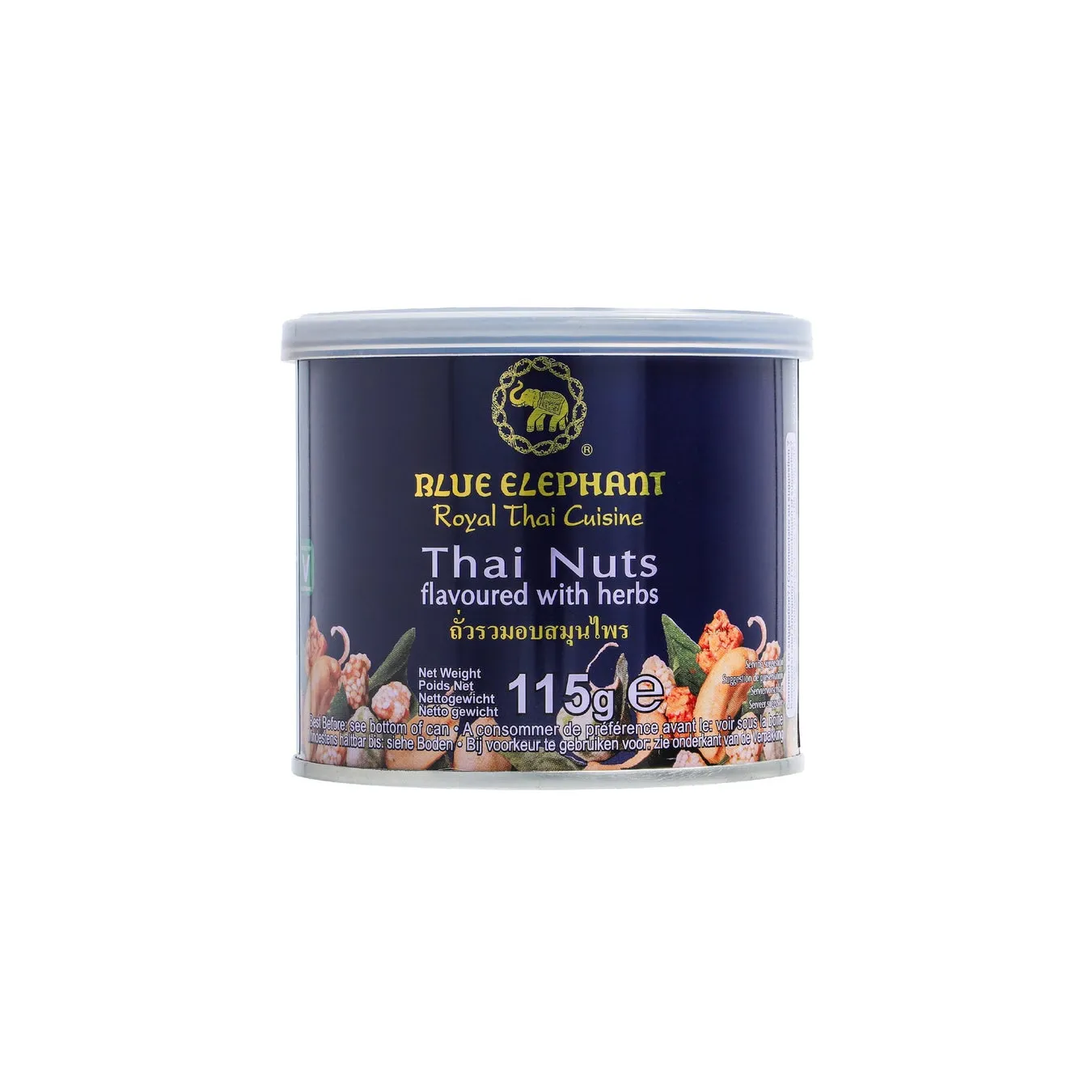 青い缶に入ったタイナッツの画像です。缶には「BLUE ELEPHANT Royal Thai Cuisine Thai Nuts flavoured with herbs」と書かれています。