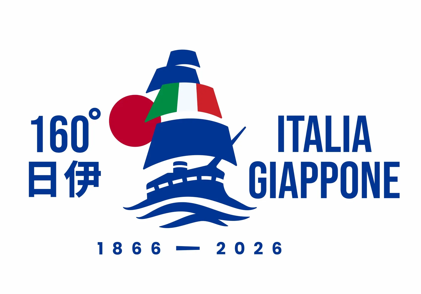 イタリアと日本の友好関係160周年を記念したロゴ。船のイラストがあり、イタリアと日本の国旗が組み込まれています。文字は「160° 日伊 ITALIA GIAPPONE 1866 — 2026」と書かれています。