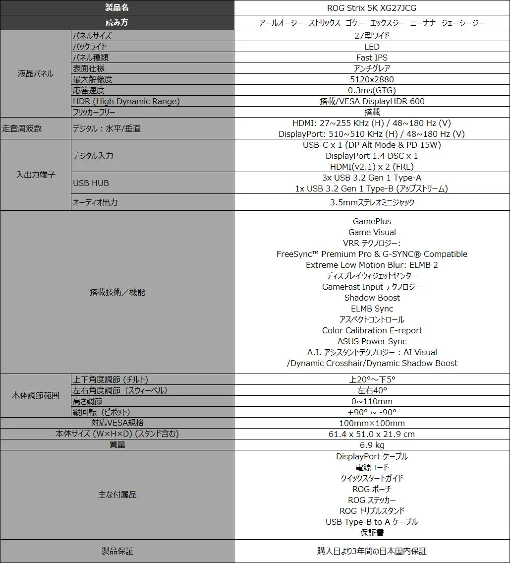 ROG Strix 5K XG27JCG 液晶モニター製品仕様