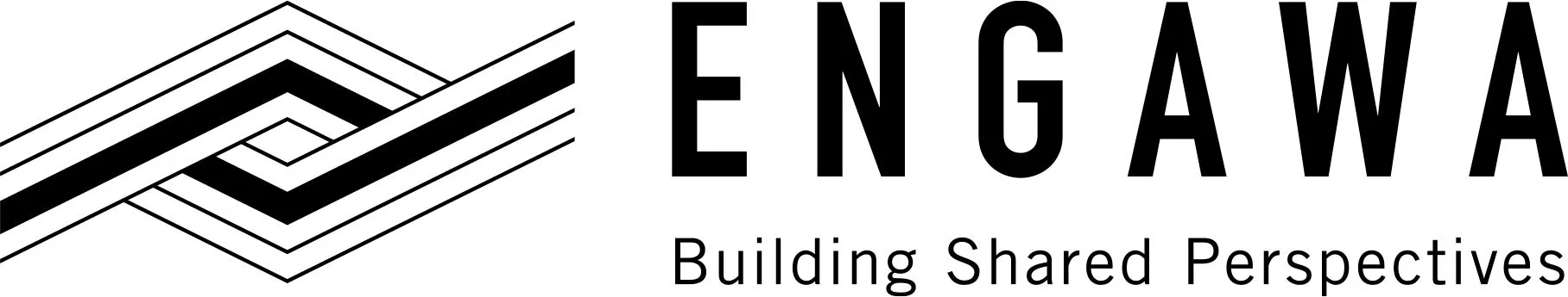 ロゴマークで、黒い線で描かれた抽象的なデザインと、「ENGAWA」の文字、そして「Building Shared Perspectives」の文字が配置されています。