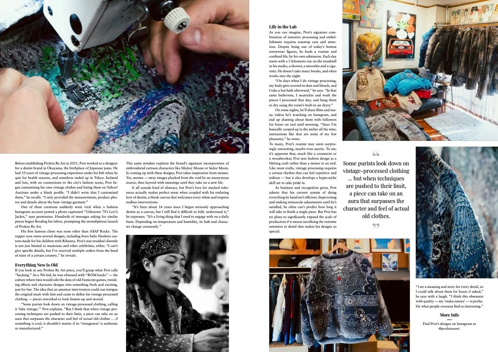 ヴィンテージ加工の服について語る記事。アーティストのProt氏が、ヴィンテージ加工の服作りのこだわりや、彼が影響を受けたものについて述べている。写真には、Prot氏の作品やアトリエの様子が写っている。