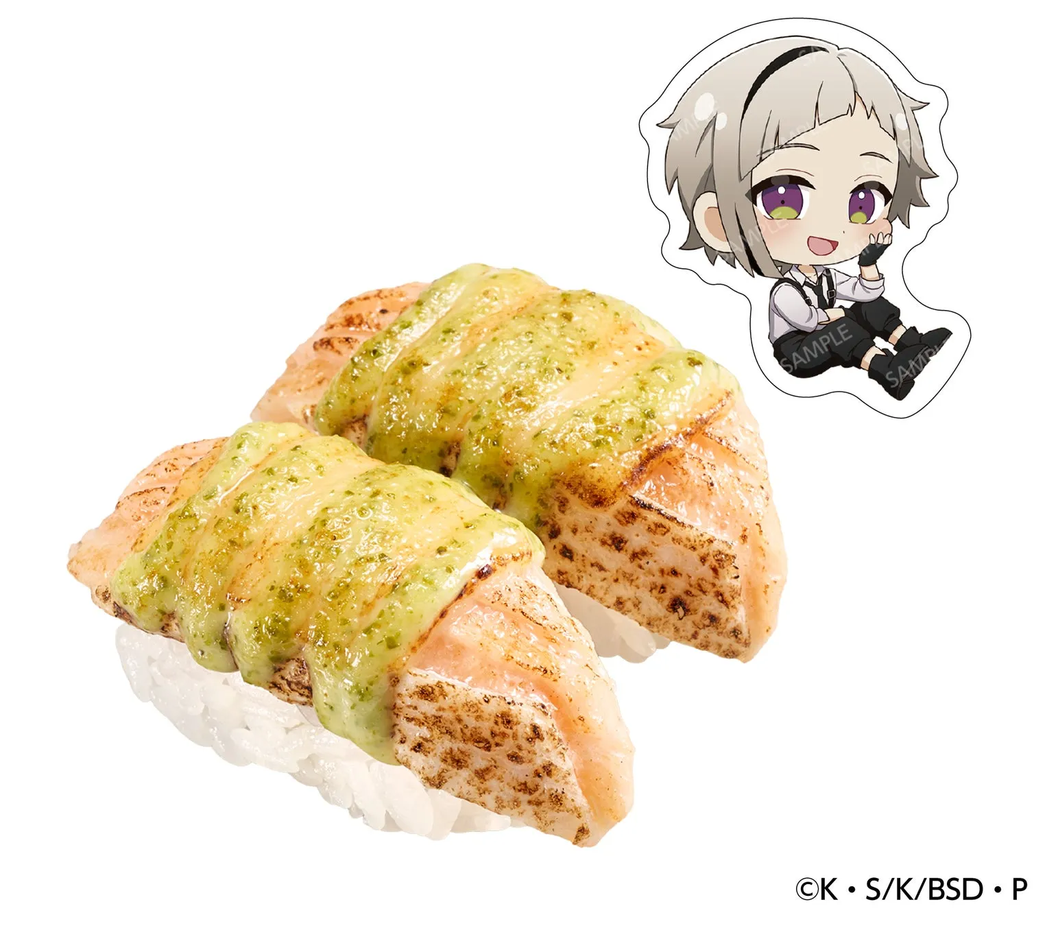 炙りサーモンの寿司とキャラクターのイラスト。