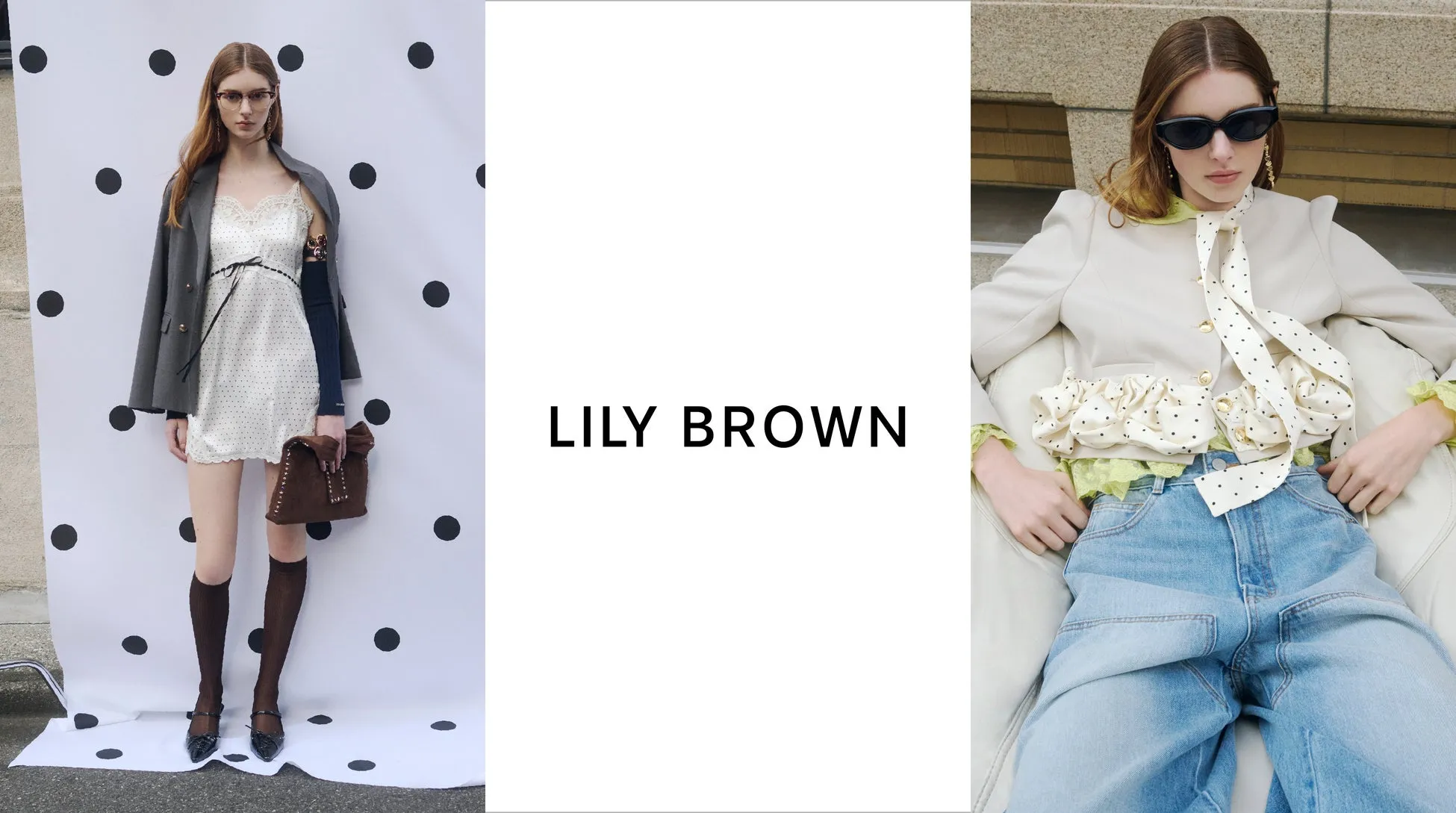 2人の女性がLILY BROWNの服を着ている写真。左の女性は白いドット柄のワンピースにジャケット、バッグ、ブーツを合わせている。右の女性は白いジャケットにジーンズを履いている。背景は白で、黒いドット模様が描かれている。