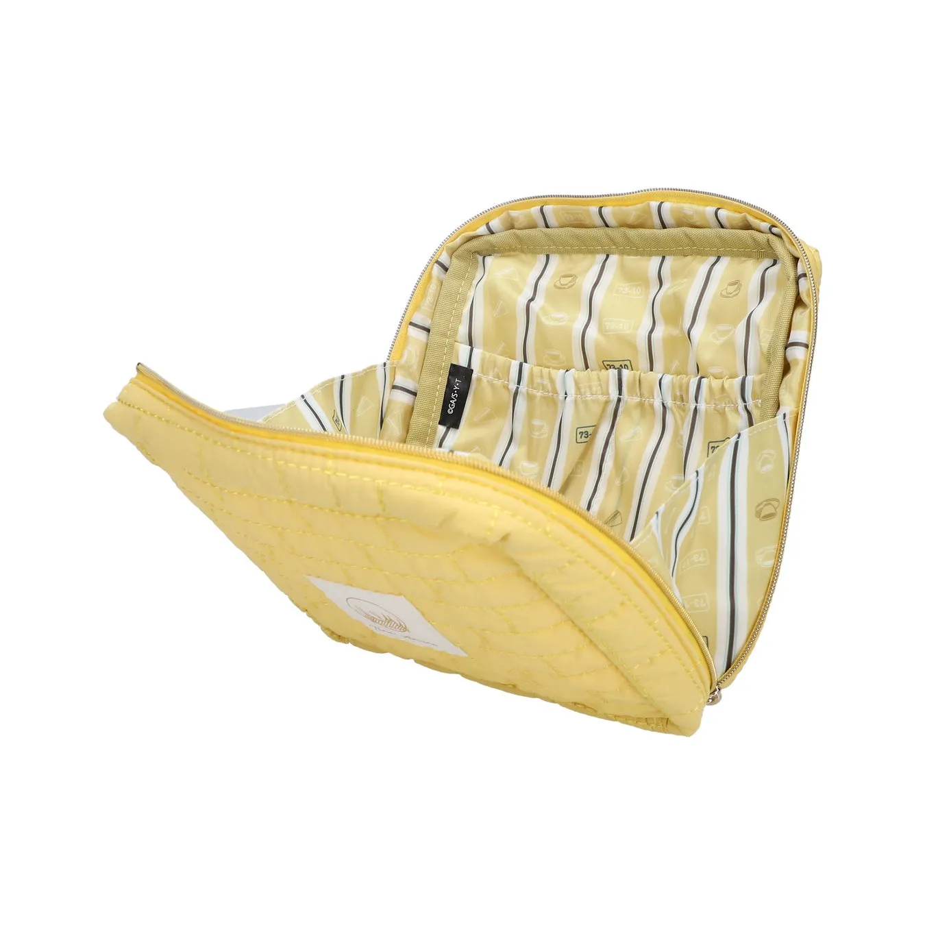 黄色い化粧ポーチが白背景に開いた状態で置かれています。内側にはストライプ模様とコーヒーカップの模様。