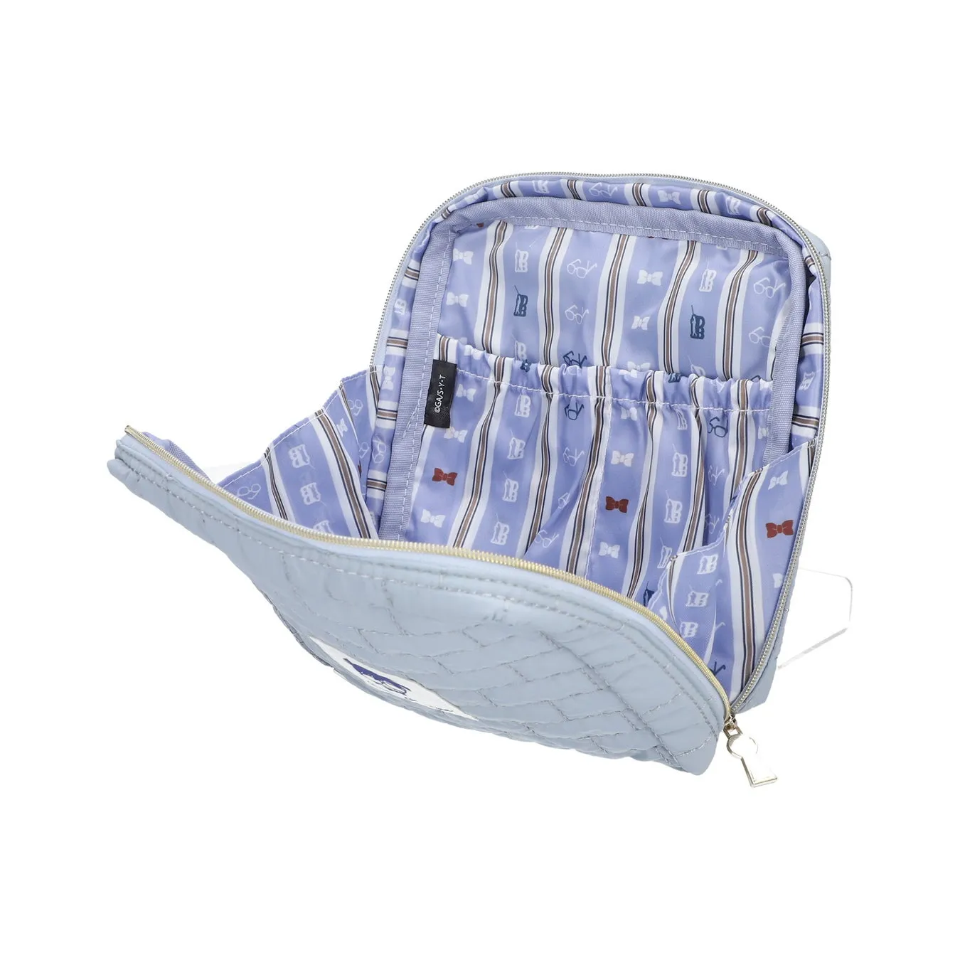 水色の化粧ポーチ。内側はストライプ柄で、リボンやメガネの模様が描かれています。