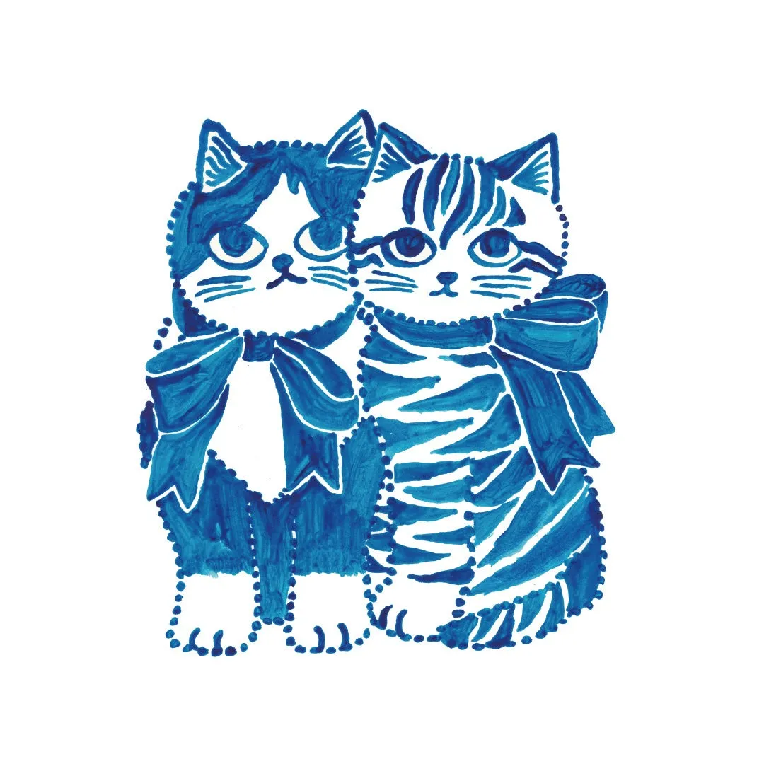 青色のインクで描かれた2匹の猫のイラスト