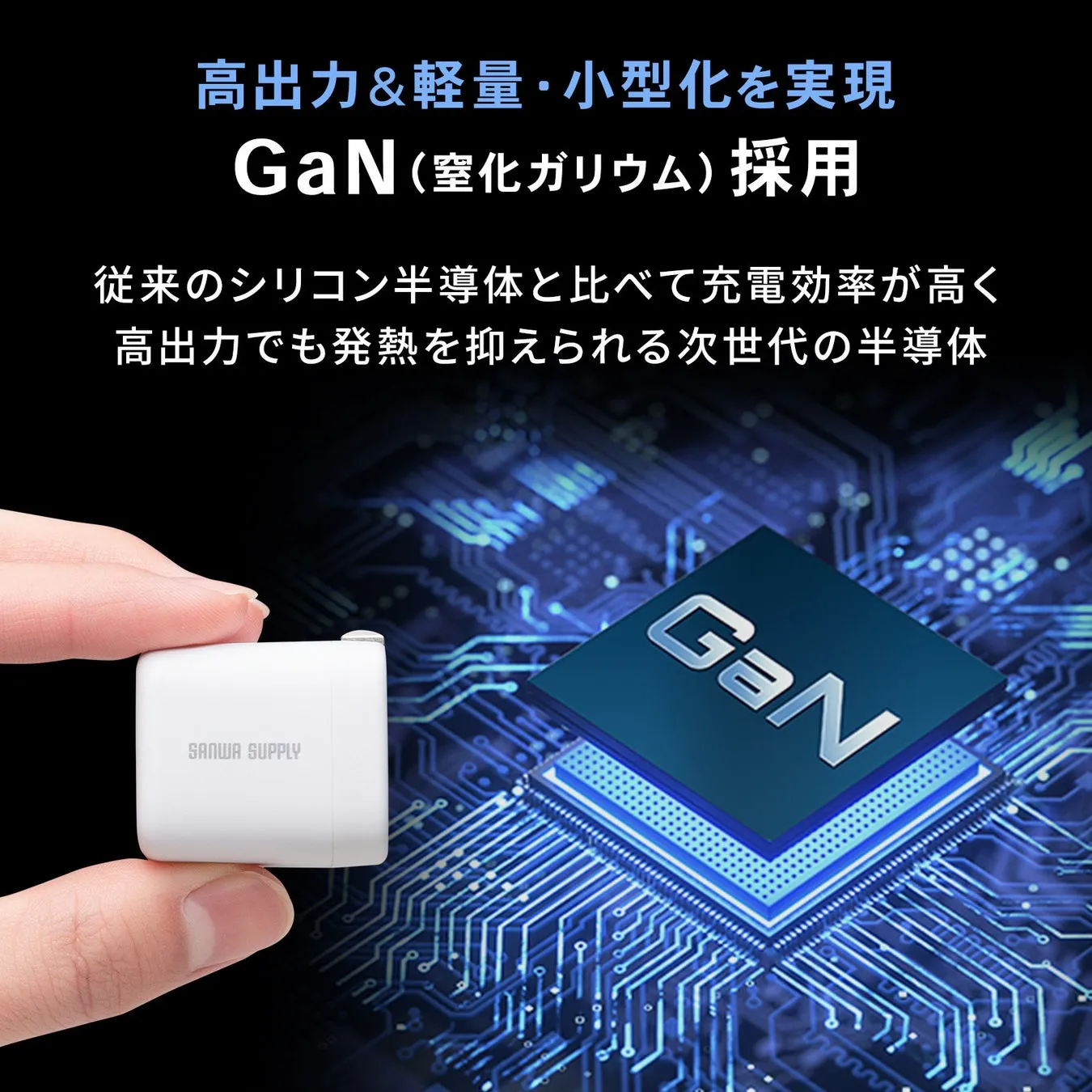 GaN（窒化ガリウム）を採用した小型で高出力の充電器のイメージ図。充電器本体とGaNチップ、回路図が描かれている。