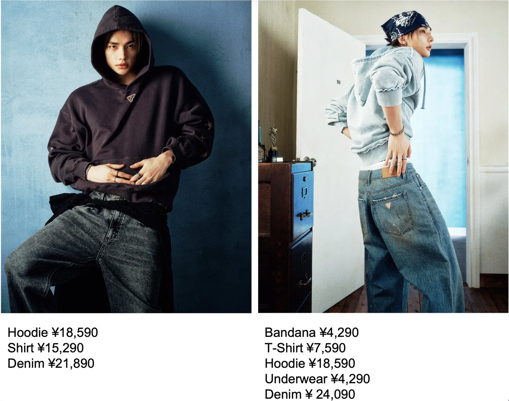 2人の男性がファッションアイテムを着用している写真。左側の男性は黒いパーカーとデニムを着用しており、右側の男性は水色のパーカーとデニムを着用している。写真には価格も表示されている。