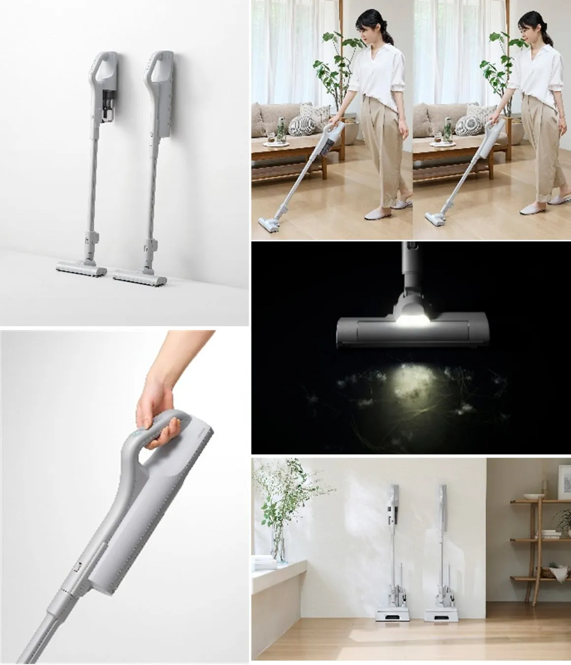 掃除機の使用例や製品の外観を示した画像。女性が掃除機を使用している様子や、壁に設置された掃除機、掃除機のヘッド部分のアップなど、様々な角度から製品を紹介しています。
