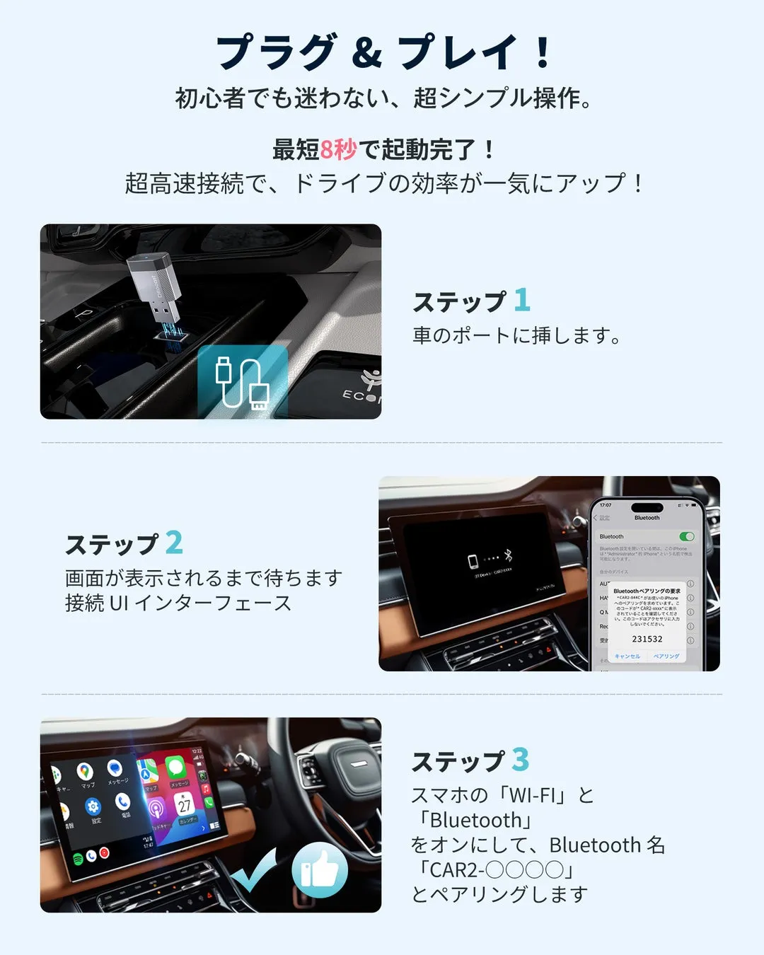 車のBluetooth接続方法を紹介する画像です。ステップ1では車のポートにデバイスを挿し、ステップ2では画面が表示されるのを待ちます。ステップ3ではスマホのWi-FiとBluetoothをオンにして、Bluetooth名とペアリングします。