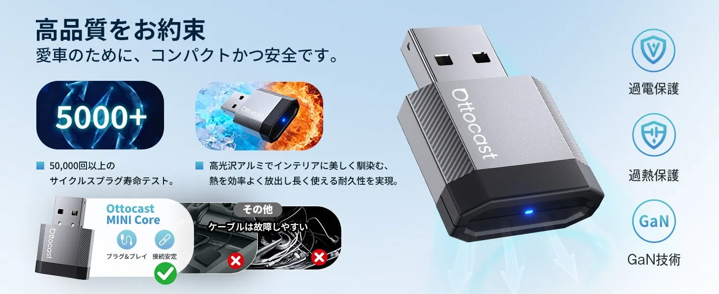 Ottocastの製品の広告です。製品はコンパクトで安全で、50,000回以上のサイクルプラグ寿命テストをクリアしています。高光沢アルミを使用し、インテリアに馴染むように設計されています。過電保護、過熱保護、GaN技術も特徴です。