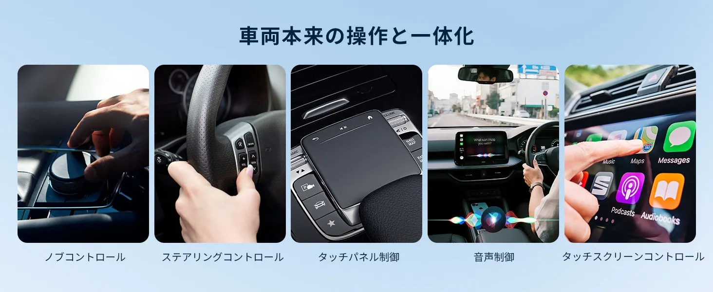 自動車の操作方法をまとめた画像。ノブコントロール、ステアリングコントロール、タッチパネル制御、音声制御、タッチスクリーンコントロールの5つの方法で操作できることを示している。