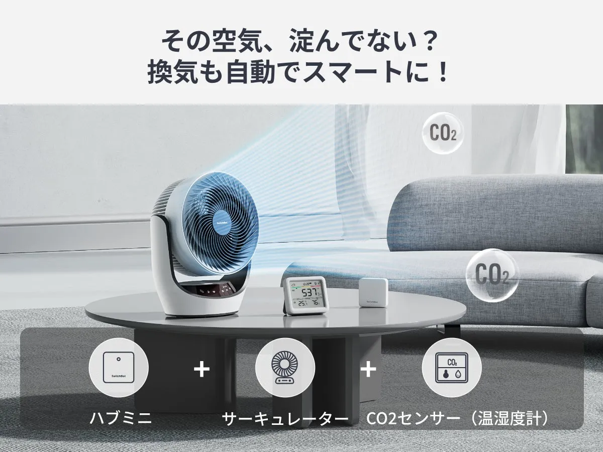 換気と空気清浄を促す製品の広告画像。サーキュレーター、CO2センサー、ハブミニが配置され、空気の質をスマートに管理する様子が示されています。