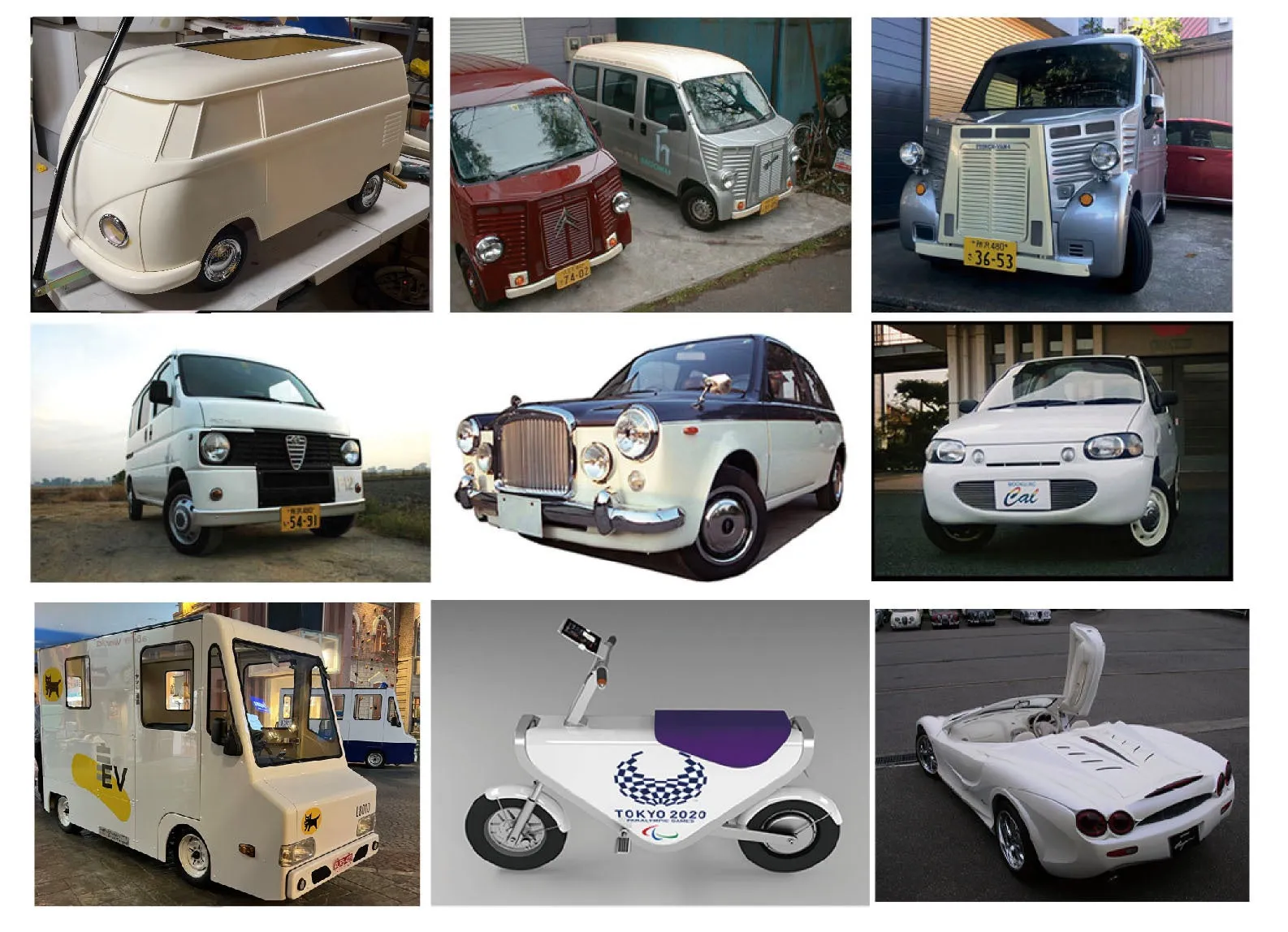 様々なデザインの車、EV、東京2020ロゴ電動バイク