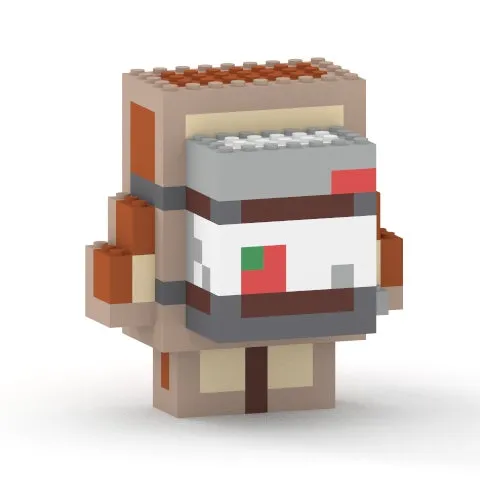 ブロックで作られたキャラクターの正面図。白い背景に配置され、ブロック状のキャラクターは、顔に赤いアクセントと緑色のアクセントが付いた大きな目をしており、茶色、タン、グレーのブロックで構成されています。