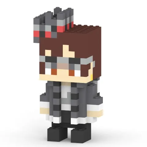 ブロックで作られたアニメキャラクター。茶色の髪、メガネ、グレーのジャケットを着ており、笑顔で立っている。