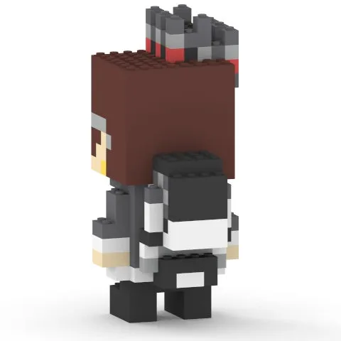 ブロックで作られたキャラクターの側面図。茶色の髪と灰色の服を着ており、バックパックを背負っている。