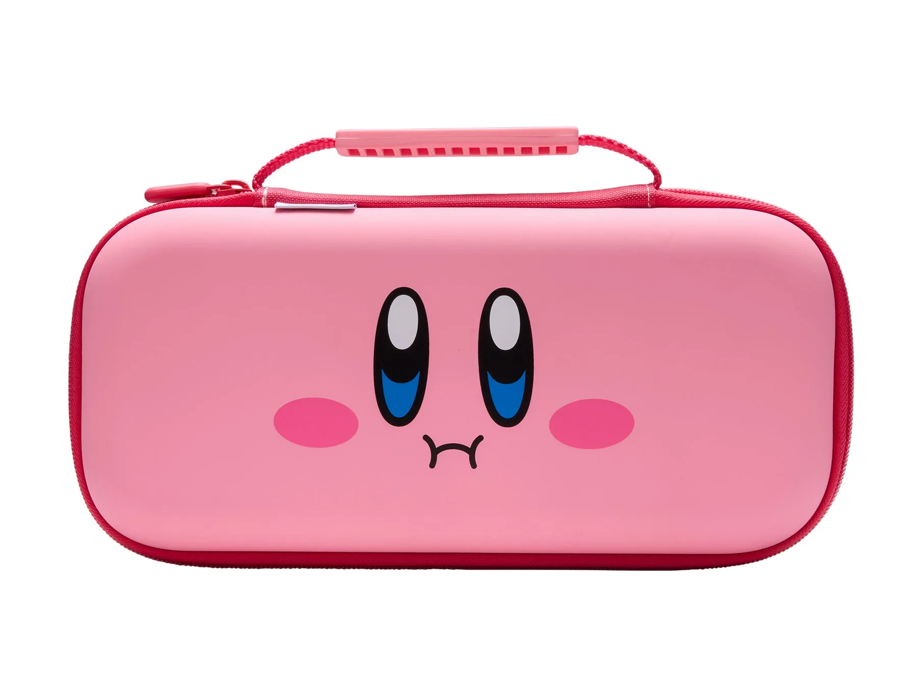 ピンク色のゲームケース。ケースにはカービィの顔が描かれており、持ち手とジッパーが付いている。