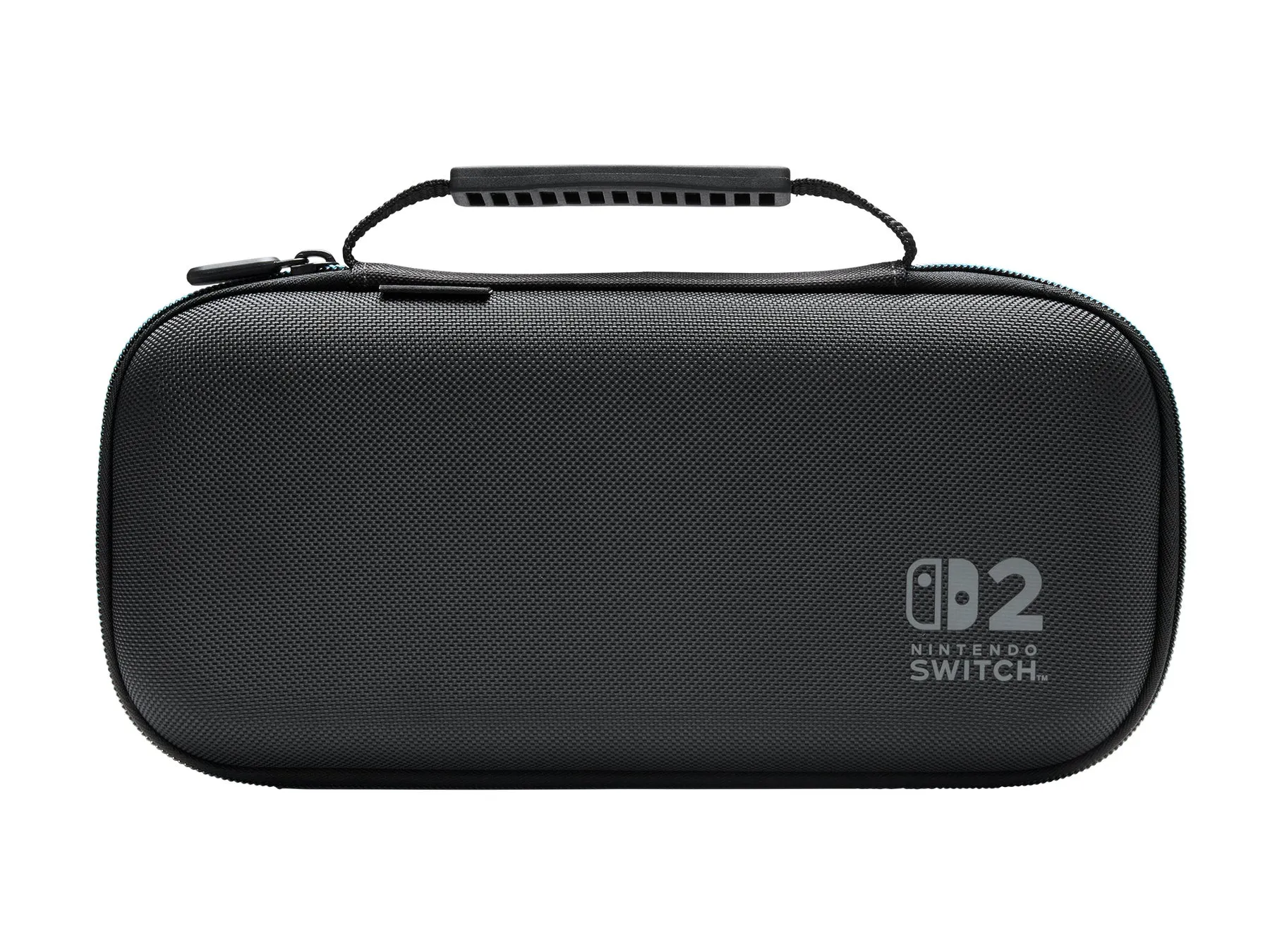 黒色のNintendo Switchのケース。ケースにはNintendo Switchのロゴが入っており、持ち手が付いている。