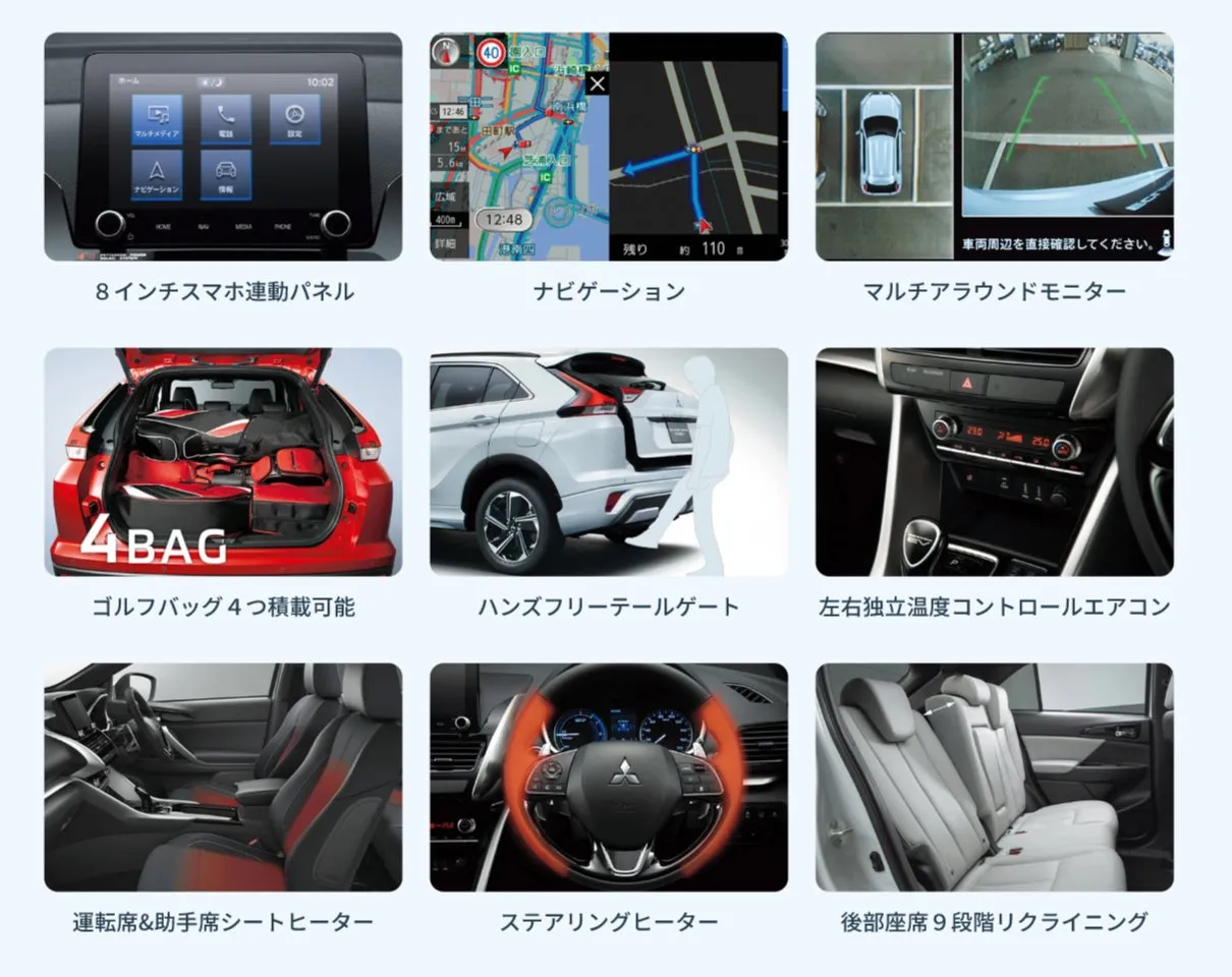 三菱自動車の車の機能を紹介する画像です。8インチスマホ連動パネル、ナビゲーション、マルチアラウンドモニター、4つのゴルフバッグを積載できるラゲッジスペース、ハンズフリーテールゲート、左右独立温度コントロールエアコン、運転席・助手席シートヒーター、ステアリングヒーター、後部座席9段階リクライニングなどの機能が紹介されています。