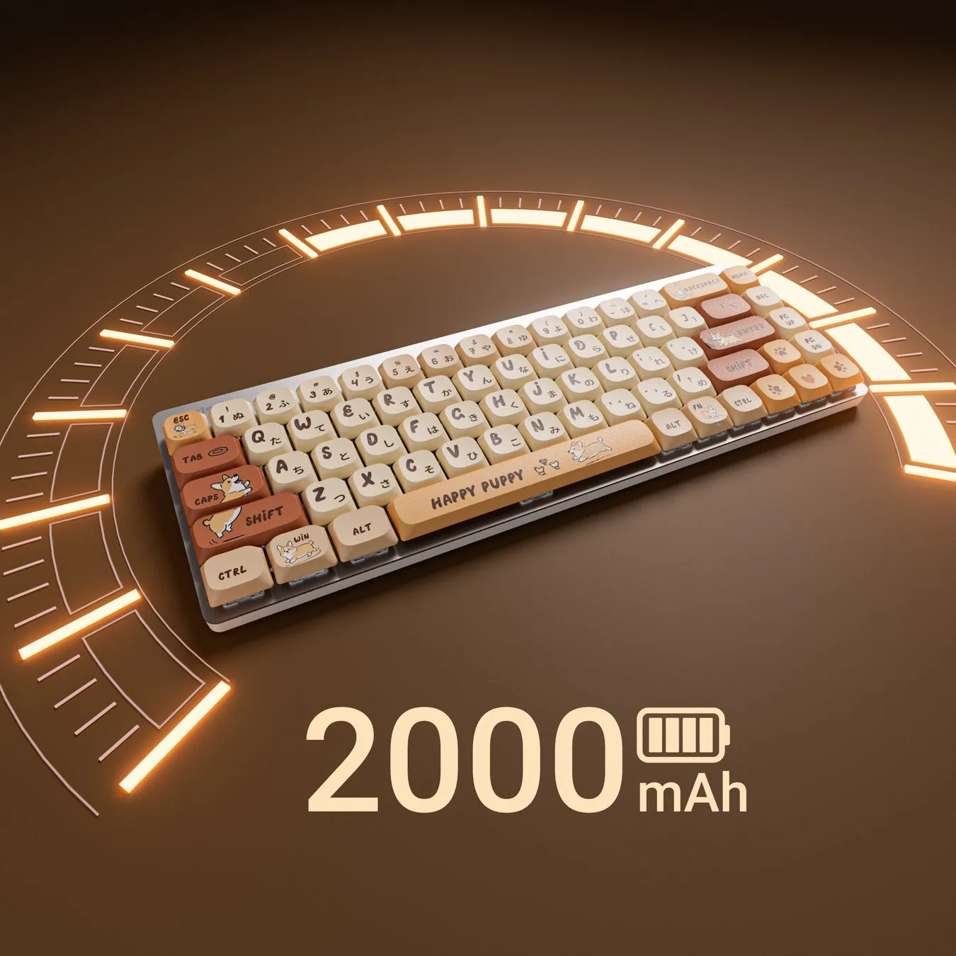 白いキーキャップと茶色のキーキャップを備えたメカニカルキーボード。Happy Puppyと2000mAhのバッテリー容量が表示されている。