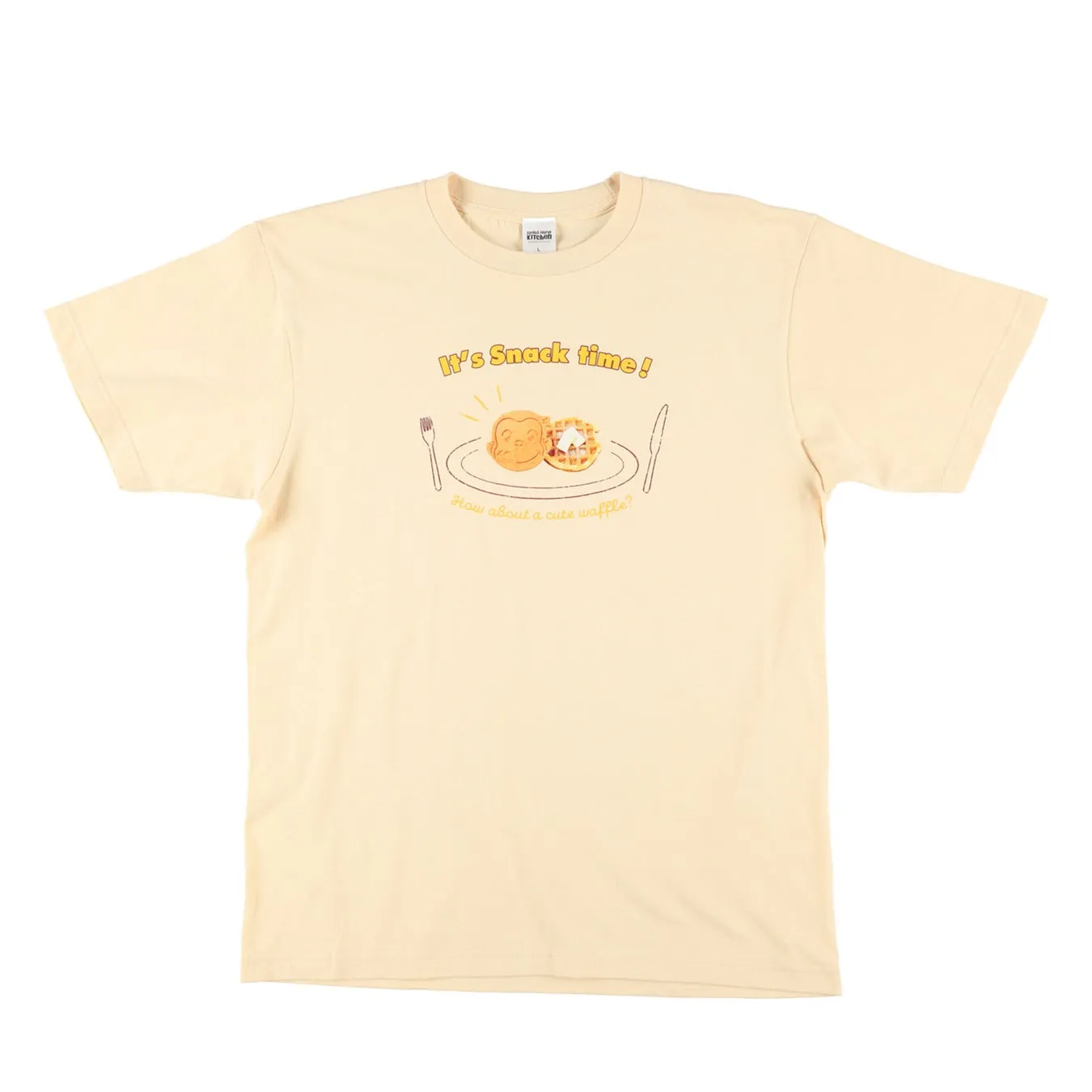 ベージュ色のTシャツにワッフルとキャラクターの顔