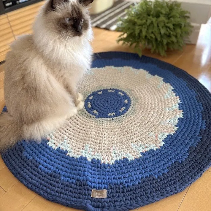 猫が丸いラグの上に座っている写真です。ラグは青、白、グレーの色合いで、中央に青い円があります。猫はふわふわの毛並みで、ラグの色と対照的です。