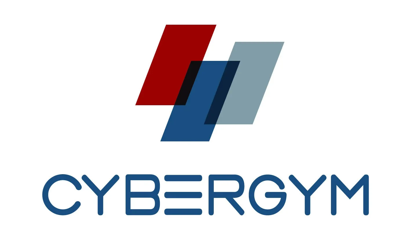 ロゴマーク。赤、青、グレーのひし形が重なり合ったデザインで、その下に「CYBERGYM」の文字が配置されています。