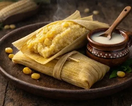 トウモロコシのハラペーニョ、陶器のカップに入った白いソース、木製のスプーン、茶色の皿の上に置かれたトウモロコシのハラペーニョのクローズアップ。