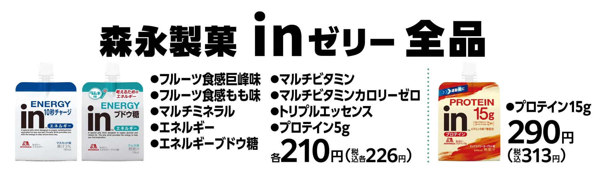 森永製菓のinゼリー全品の広告。様々なフレーバーと栄養素が記載され、プロテインゼリーの価格も表示されている。