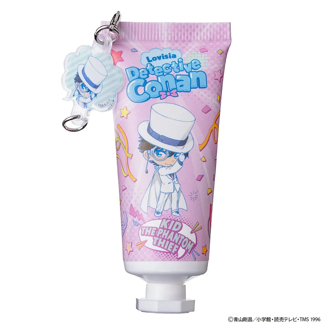 ピンク色のチューブに、名探偵コナンのキャラクターである怪盗キッドが描かれたハンドクリームです。キーホルダーも付属しています。
