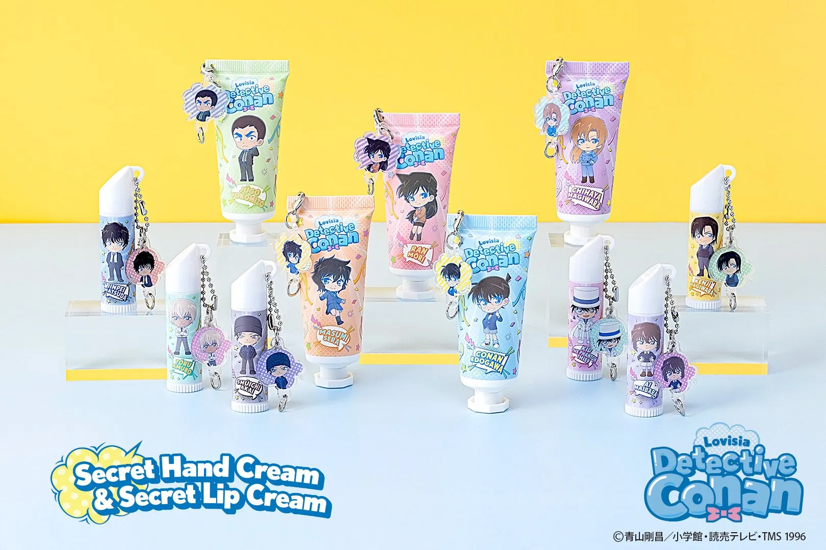 名探偵コナンのハンドクリームとリップクリームのパッケージが並んだ写真です。各パッケージにはキャラクターのイラストと名前が記載されています。