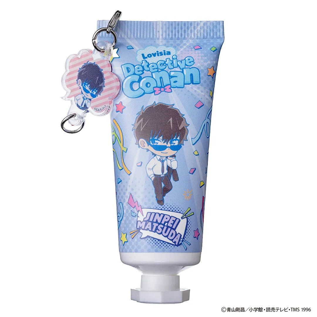 名探偵コナンのキャラクターである松田陣平が描かれたチューブ型の商品の画像。キーホルダーも付属している。