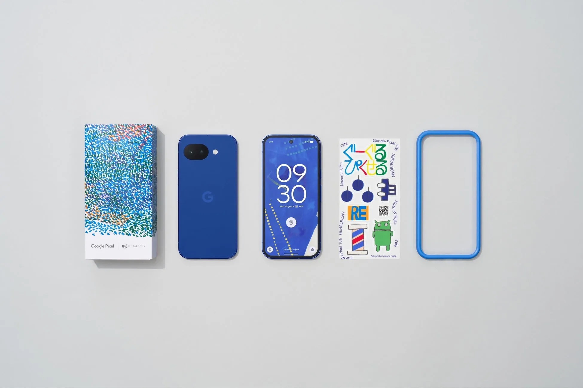 Google Pixel 10aのスマートフォン、ケース、ステッカー、フレームが配置された画像。