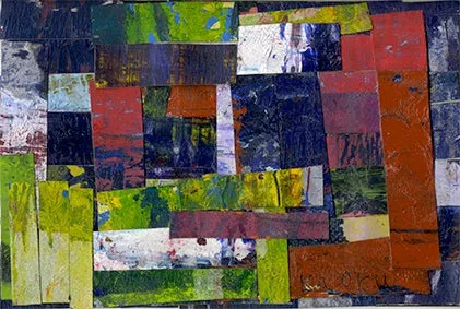 抽象的な絵画。様々な色と形の長方形の断片が組み合わされている。