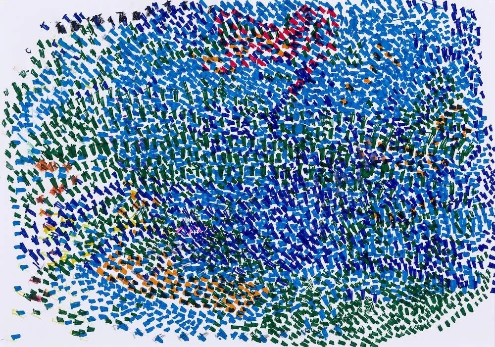 カラフルな抽象画。さまざまな色が組み合わされ、斜めの線で構成されています。