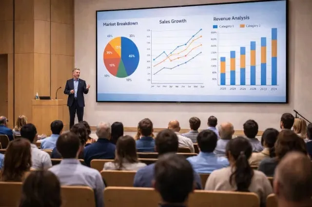 プレゼンテーションをしている男性。画面にはグラフが表示されており、聴衆が座っている。