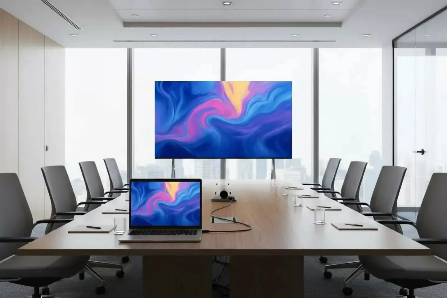 会議室の様子。大きなモニターとノートパソコンが置かれた長い木製のテーブルが中央にあり、その周囲に椅子が配置されている。窓からは明るい光が差し込み、都市の景色が見える。