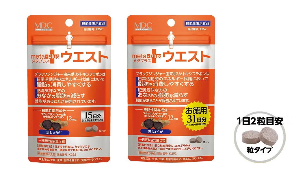 メタプラスウエストのサプリメントのパッケージ。15日分と31日分があり、黒しょうがと書かれている。1日2粒目安で、おなかの脂肪を減らす機能があることが報告されている。