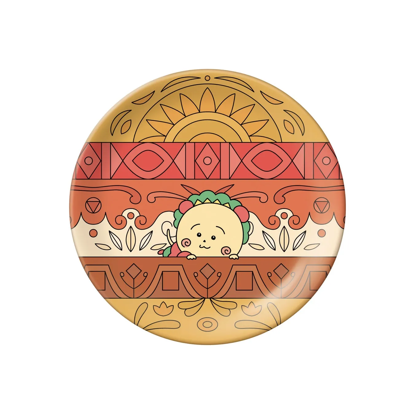 丸いイラストで、太陽と幾何学模様が描かれており、中央には愛らしいキャラクターがいます。