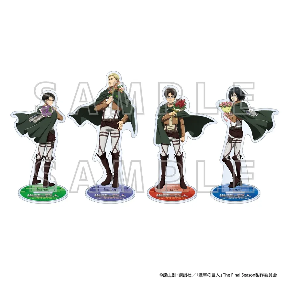 「進撃の巨人」に登場するキャラクターのフィギュアのセット。キャラクターは、リヴァイ、エルヴィン、エレン、ミカサ。それぞれ花束を持っている。