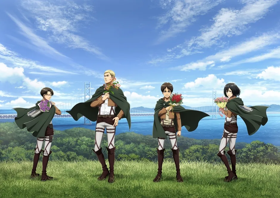 進撃の巨人のキャラクターたちが花束を持って立っているイラスト。背景には海と橋、青い空が描かれています。