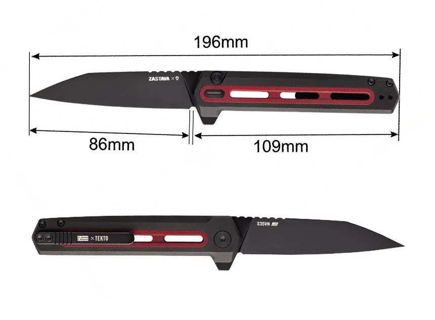 黒色の折りたたみナイフの画像。寸法が示されている。