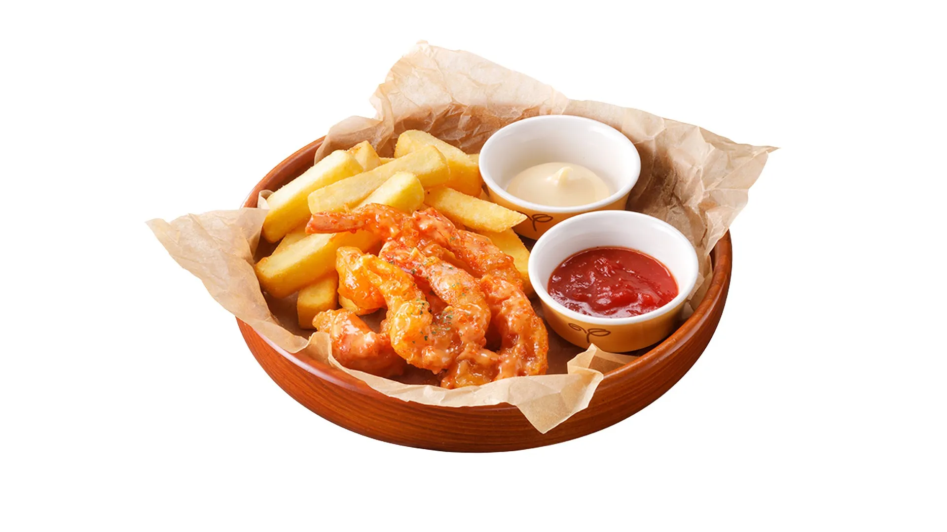 揚げエビとフライドポテトが木製の器に盛られた料理の画像です。2種類のソースが添えられています。