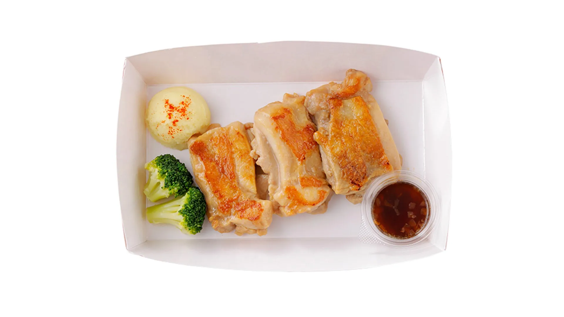 鶏肉のグリルとマッシュポテト、ブロッコリーを添えたテイクアウト料理